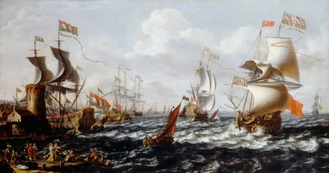 Schiffe in rauem Wasser vor einem Mittelmeerhafen